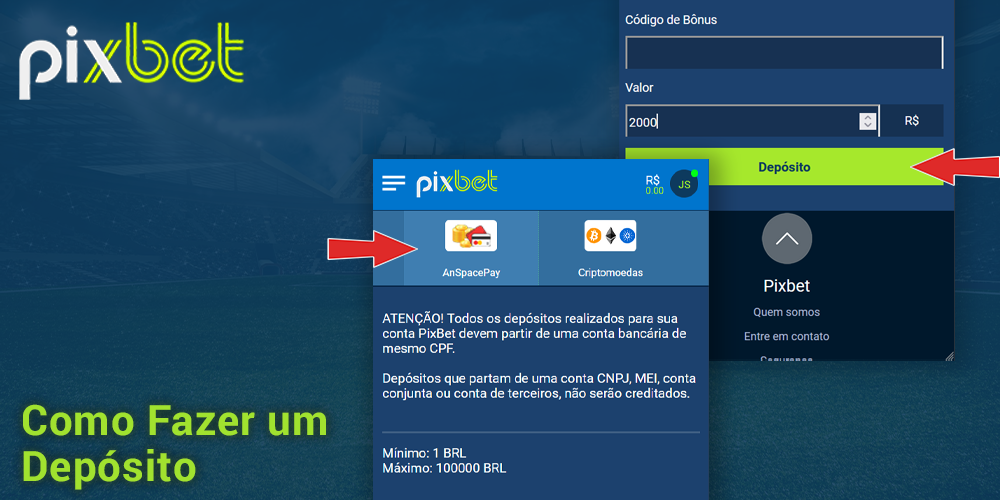 Instruções sobre como fazer um depósito a partir do aplicativo móvel Pixbet no Brasil
